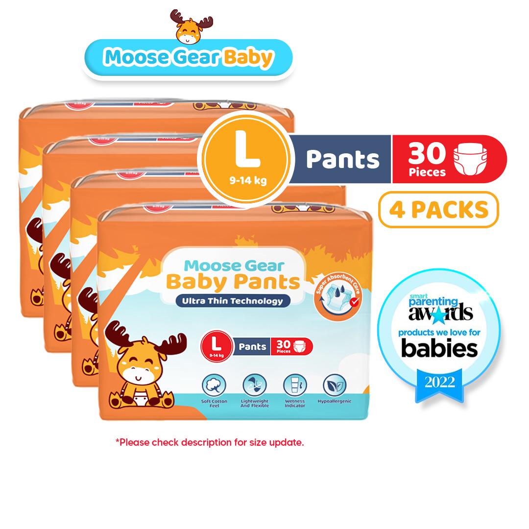 Moose Gear Baby Pants Diaper LARGE 120pcs (4PACKS) Hypoallergenic Super Absorbent Double Leak Guard