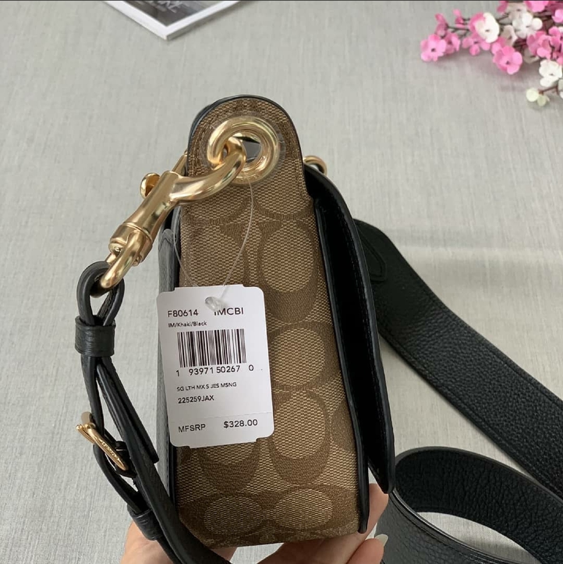 Coach F80614 Small Jes Messenger Pebble Leather and Khaki Signature Coated Canvas on Side in 
