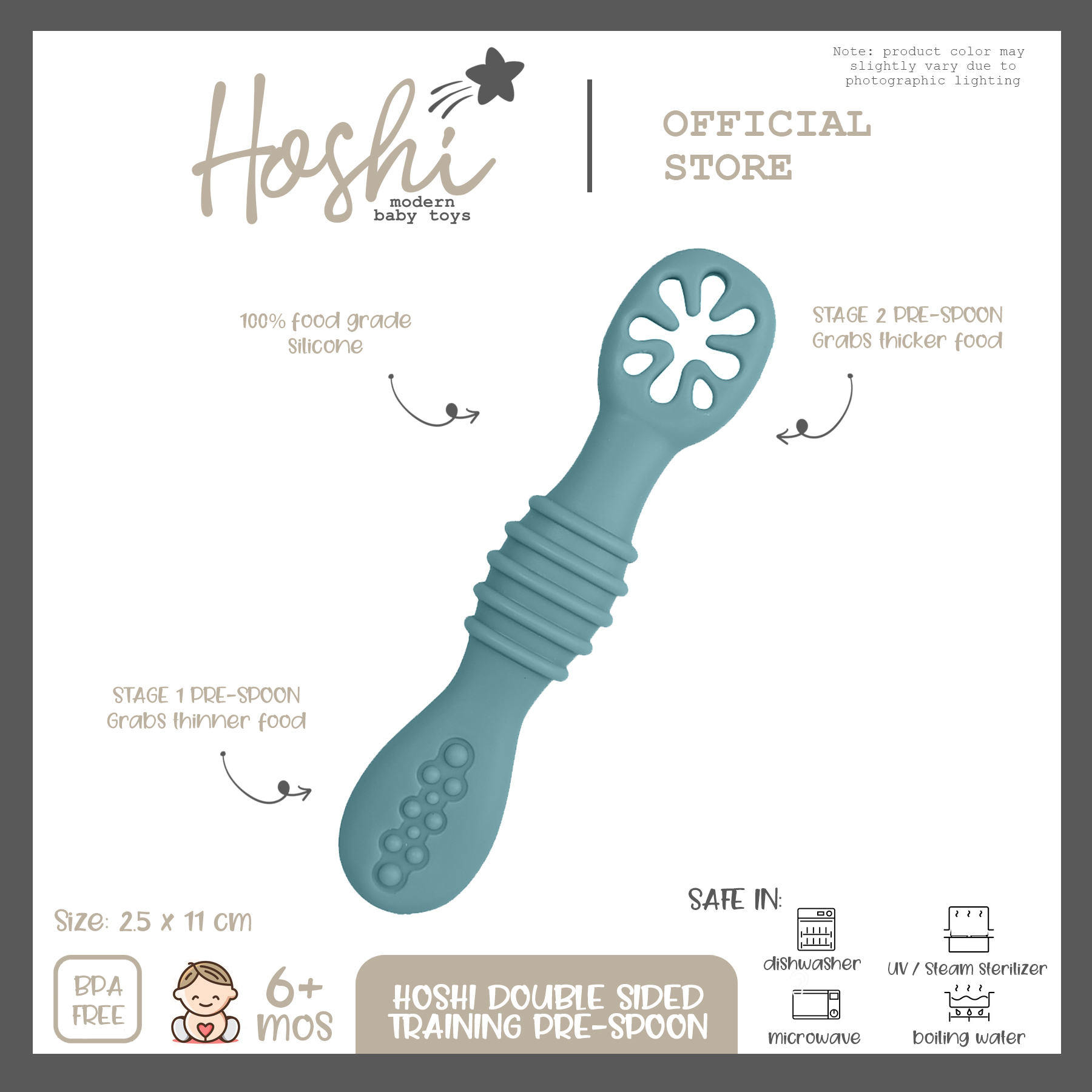 Hoshi Baby Double-Sided Training Weaning Pre-Spoon 100% Food Grade Silicone BPA Free Toddler 6Mos+