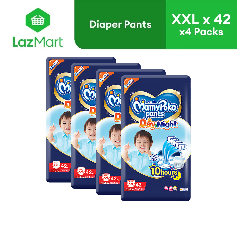 MamyPoko Day and Night Baby Diaper Pants Bundle XXL (42 pcs) x 4 packs - for 15-25 kg