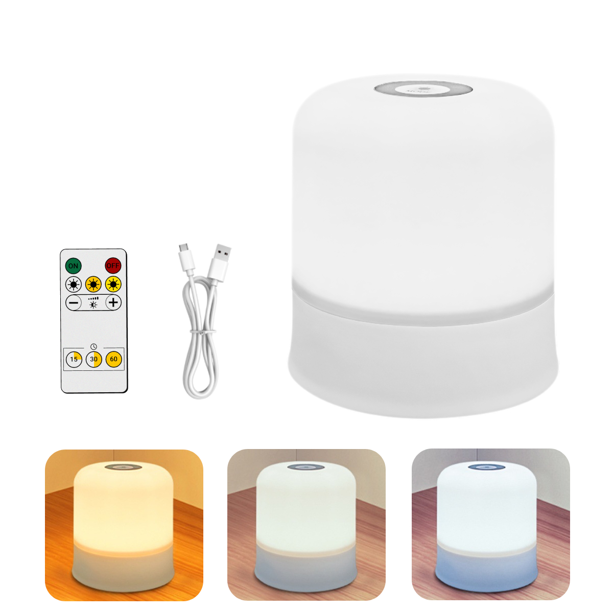 Dimmable LED Night Lamp with Clock Time Display 3Colour Touch Lights USB Dim Light Small Bedside Lamps Rechargeable