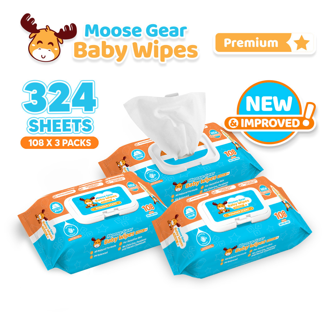 Moose Gear Baby Wipes Premium Powder Scent 324sheets 3PACKS w/ Vitamin E & Aloe Extract Thick & Soft