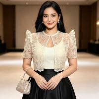 Amyenjoylife Filipiniana Lace Blouse Stand-Up Collar Openwork Pearl-Embellished Lace Blouse For Women Bolero Filipiniana Modern FilipiñIana Attire For Women