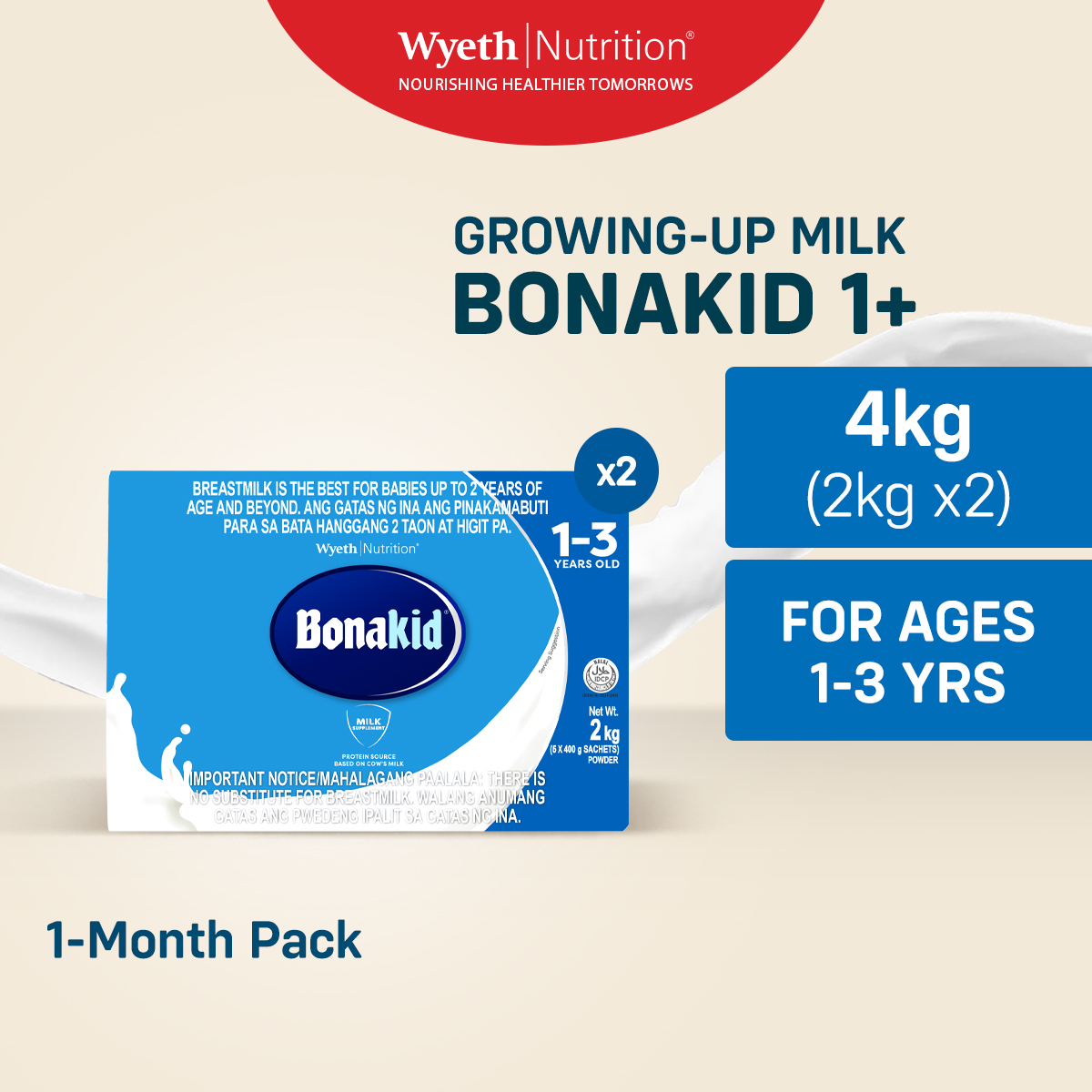 BONAKID 1+ Stage Three Milk Supplement Powder for Children 1-3 Years Old 4Kg (2kg x2)