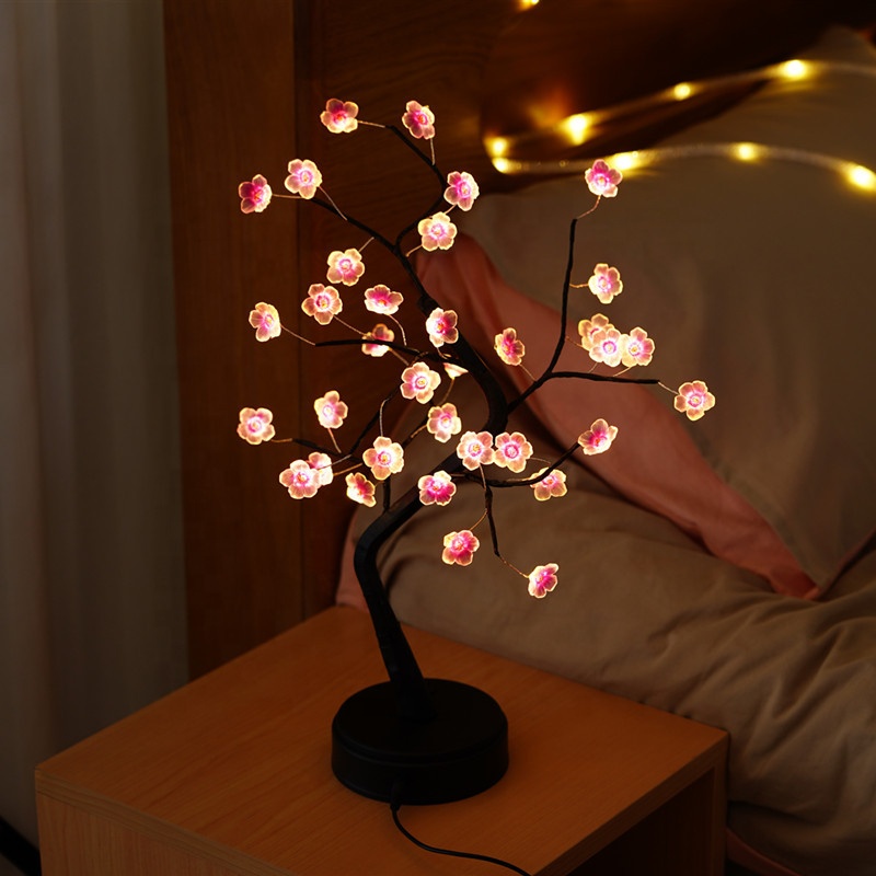 Bonsai Tree and Rose Flower Tree LED Lamp Fairy Lights Pearls Cherry Blossom Tree Lamp Gold leaves