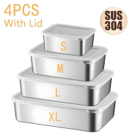 4Pcs 304 Stainless Steel Storage Box Kitchen Fresh-keeping Box with Lid Refrigerator Fruit Container