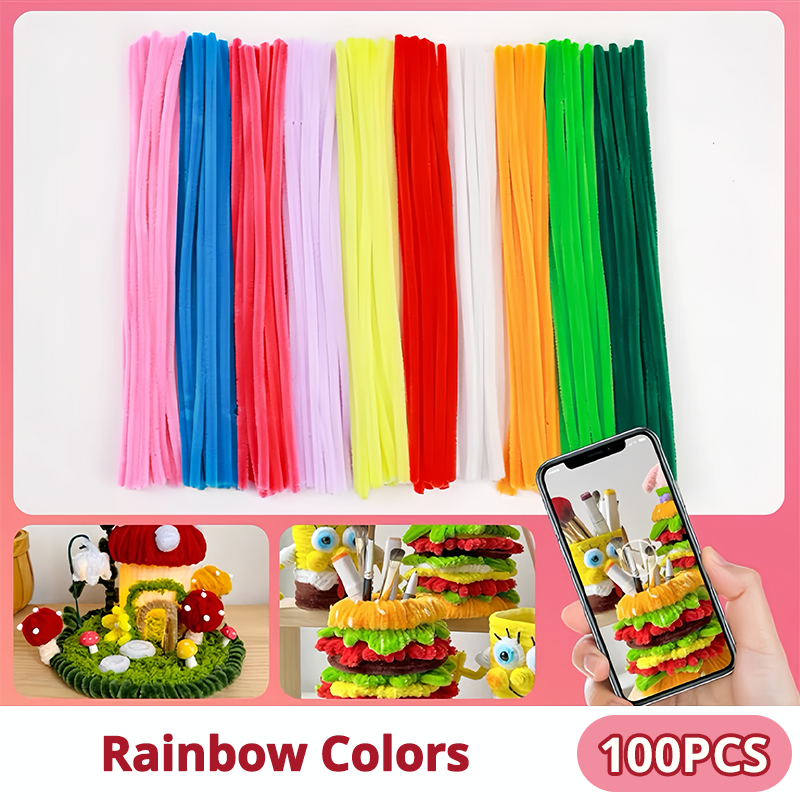 100PCS Extra Thick Colorful Fuzzy Wires Chenille Twisted Sticks Perfect for DIY Craft Art Flower Material