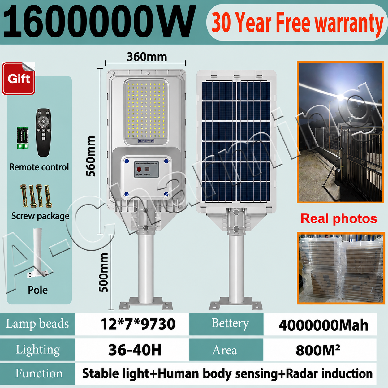 Solar Street Light Outdoor waterproof IP67 solar light 800000W street lamp 9730LED heavy duty 1200000W 1600000W with remote control 800000mah stable light and intellisense suitable for yard fence garden terrace front door shed deck