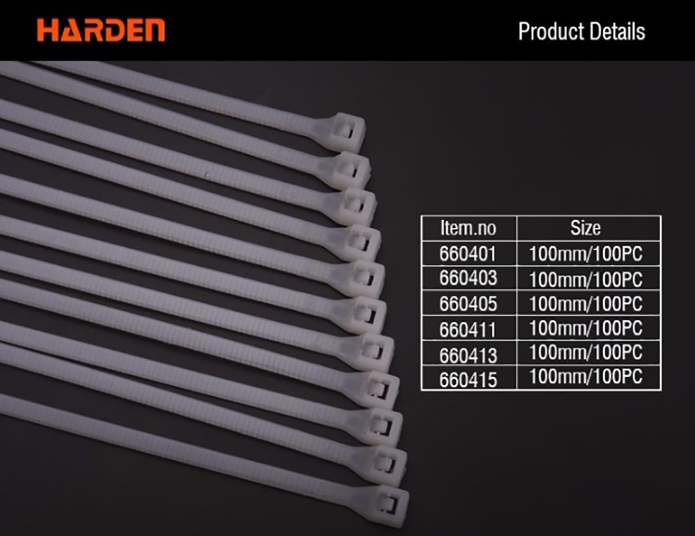 Harden 660411 100mm / 100Pcs x 2.5mmm BLACK Cable Ties (CLASSIC) White Soft Plastic Nylon Cable