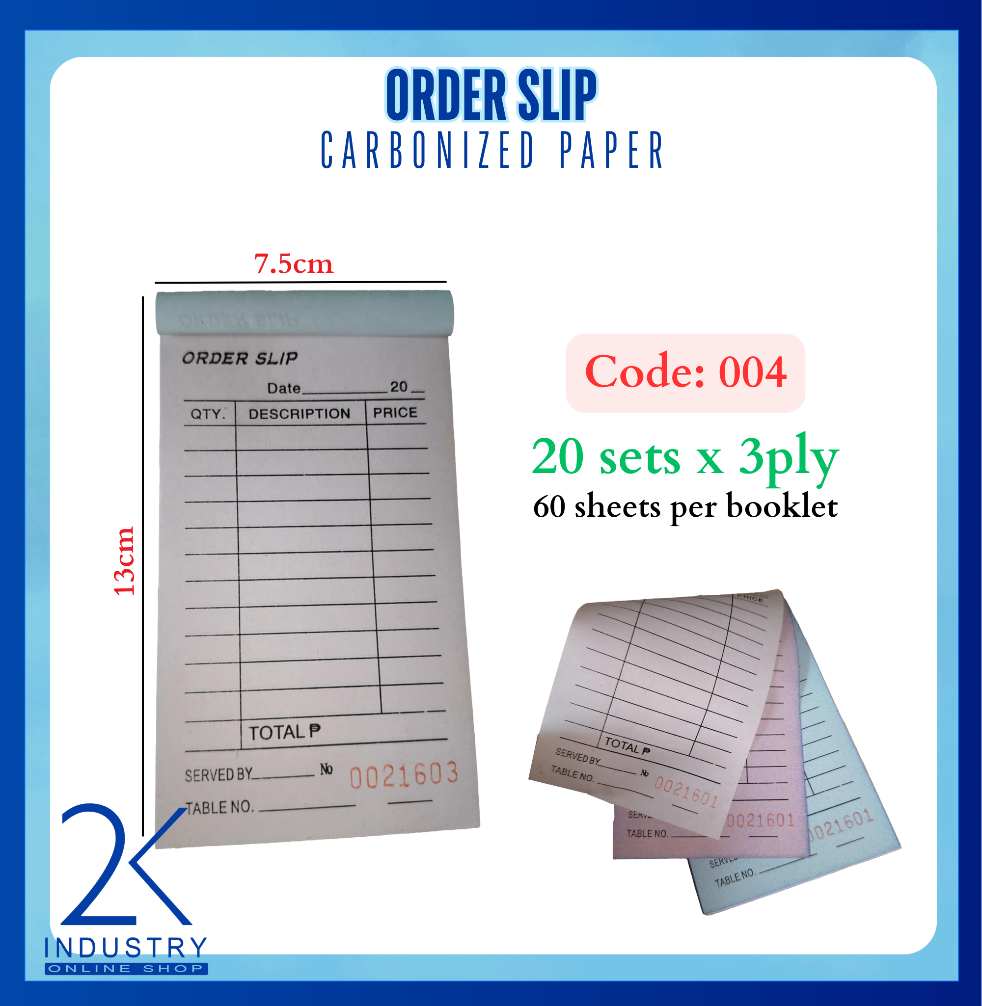 Carbonized Order Slip Receipt 2 ply / 3 ply portrait Small