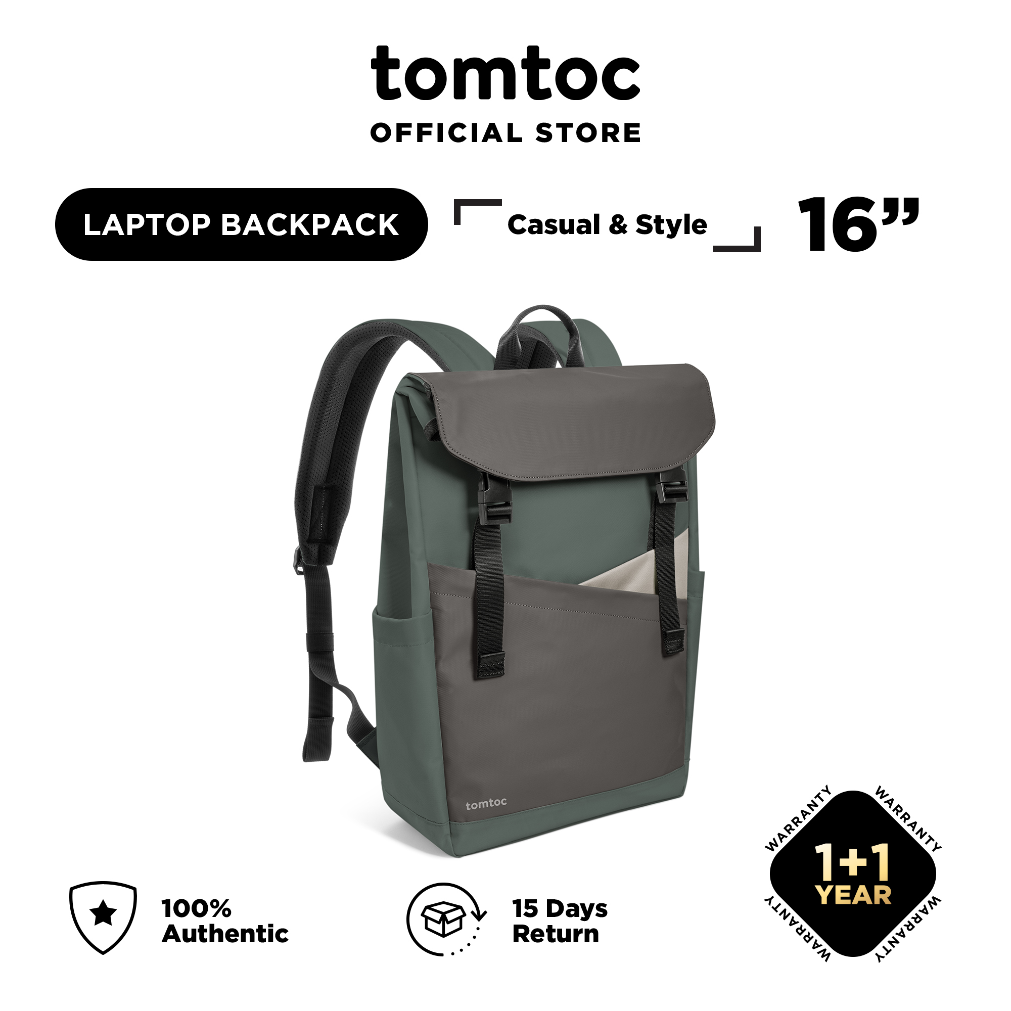 tomtoc 16 Inch Flap Lightweight & Water-Resistant Laptop Backpack - Te
