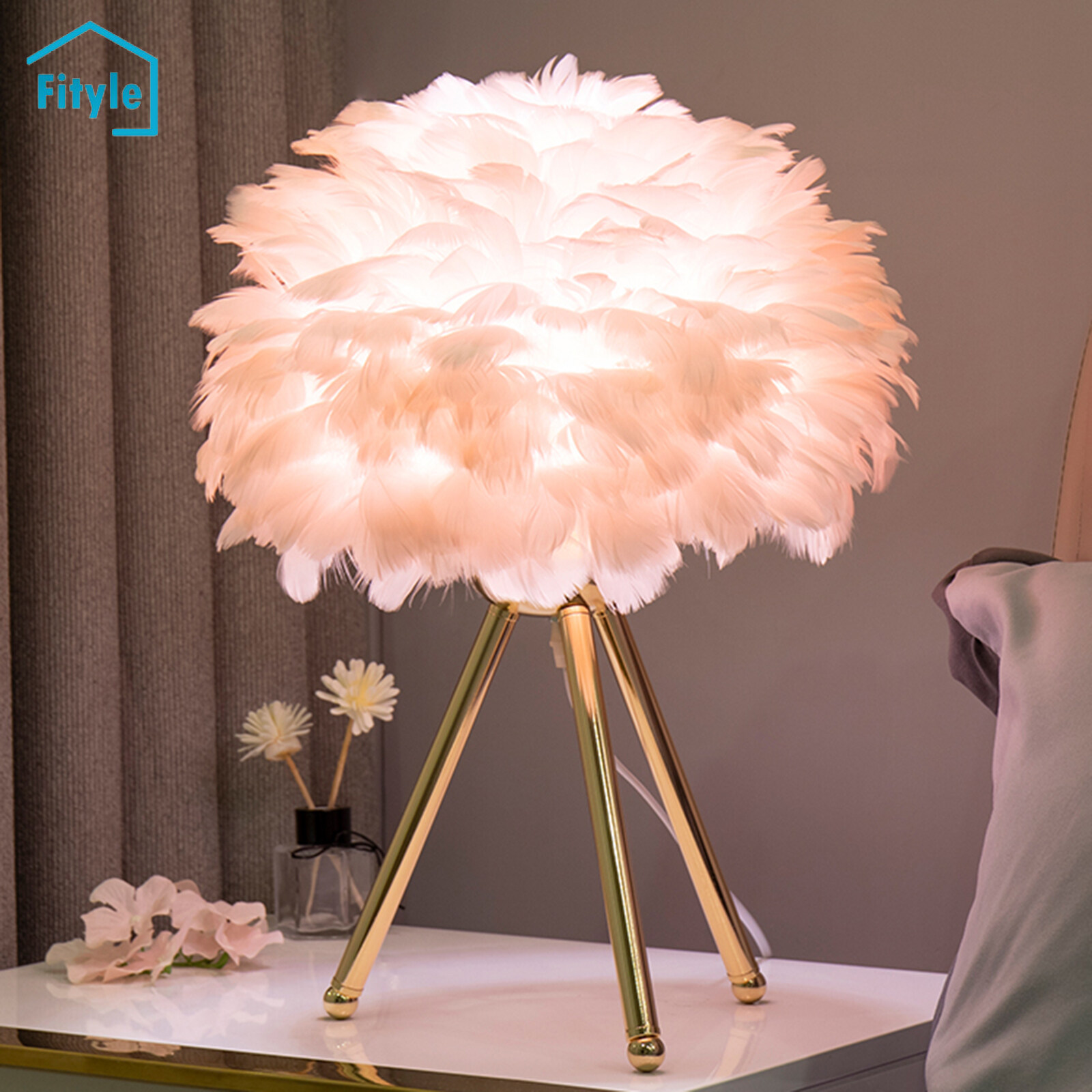 Fityle Feather Shade Table Lamp Modern Bedroom Bedside Desk Night Light Decor