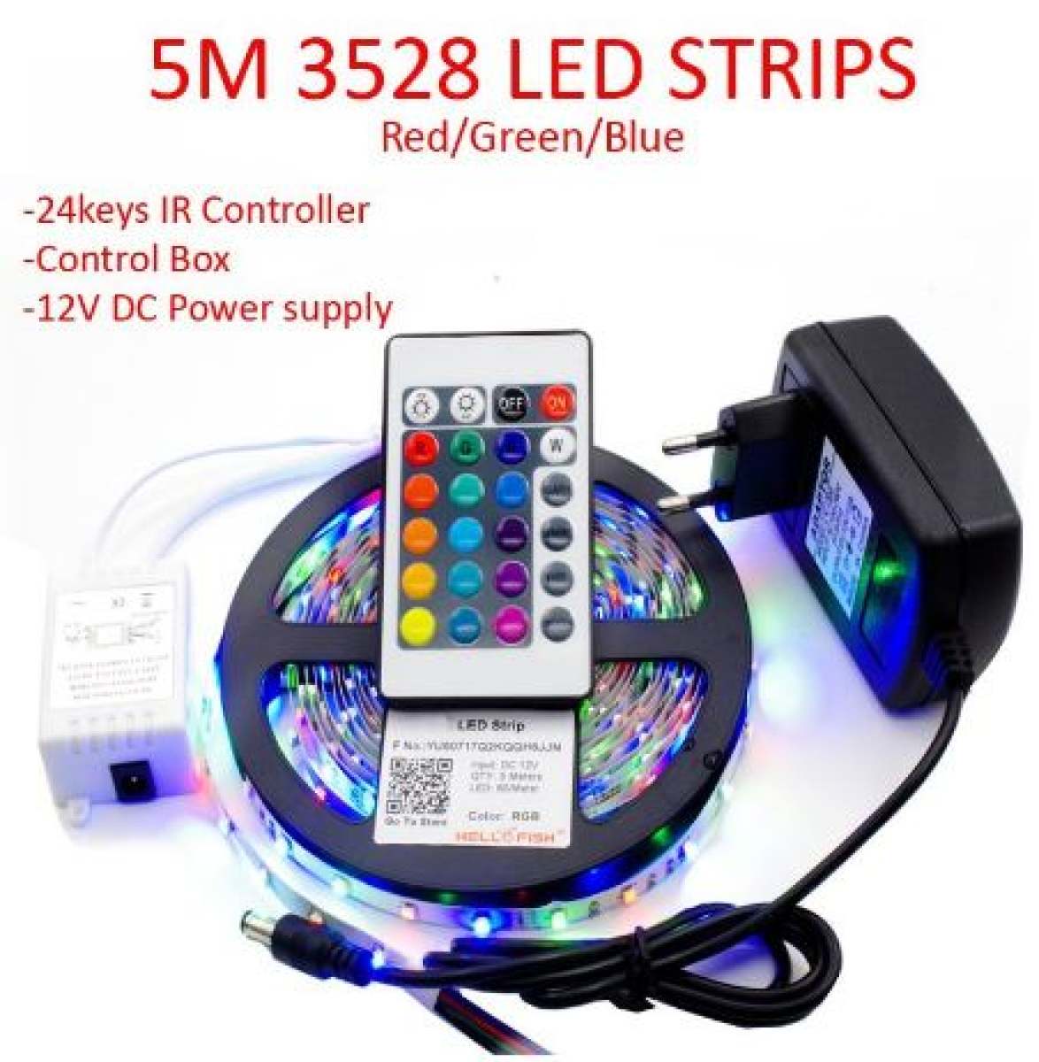CATOO 5M LED strip light RGB 24keys Remote Control 12V 2A Power Adapter Christmas Decor Light