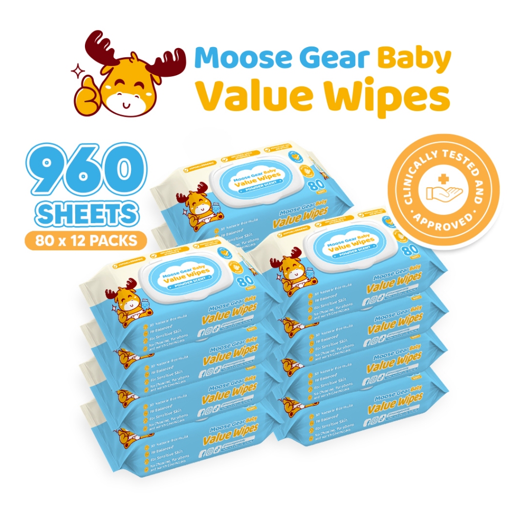 Moose Gear Baby Value Wipes Powder Scent 960s (12PACKS) Hypoallergenic w/ Vitamin E & Aloe Extract