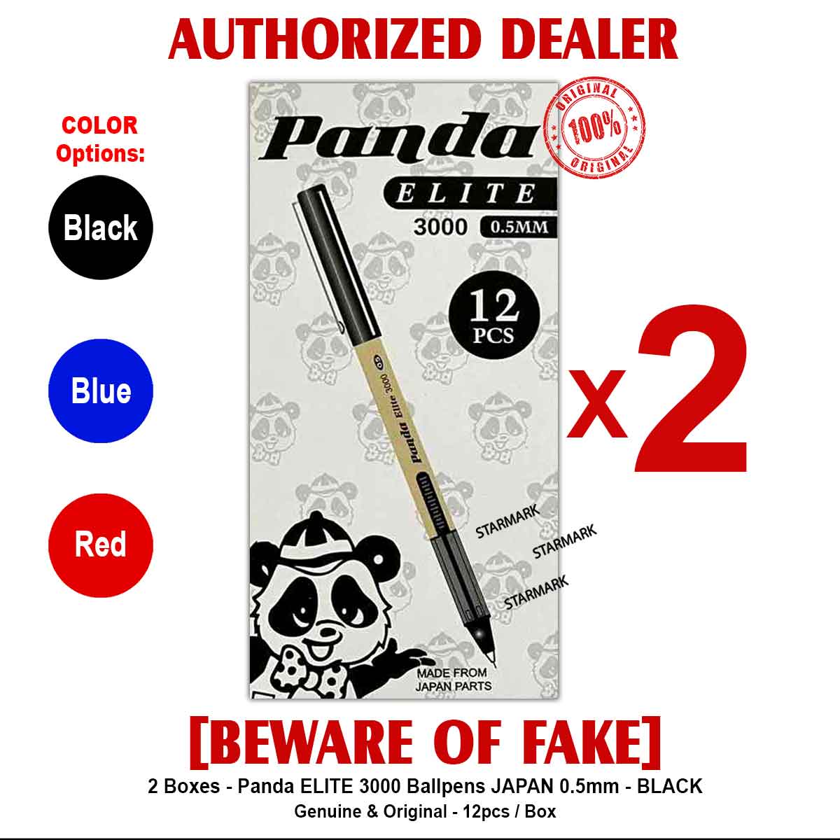 Panda ELITE 3000 Ballpen Ballpens Japan BLACK BLUE RED Ball pen Ball pens 0.5mm 12pcs per box Authentic Starmark Enterprises - 2 Boxes