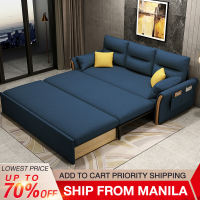 BAIERDI multifunctional folding fabric sofa solid wood sliding sofa bed Nordic three-seat sofa 1.8M convertible sofa bed cotton and linen fabric imported technology armrest storage bag bearing 400KG free pillow + (Same day order processing)