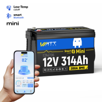 WattCycle 12V 314Ah 12V 300Ah LiFePo4 battery Mini with Bluetooth 5.0 BMS 200A 4.01kWh Energy Upgraded Aluminum Cooling Fins & Braided Copper Wires upporting devices over 2000W