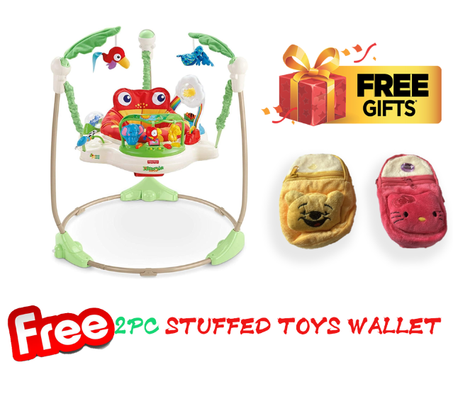 Jumperoo Jungle Baby Walker 4 Play Areas 360° Rotation Padded and Machine Washable Seat 6 Months and Above Free 2 pcs stuffed toys wallet