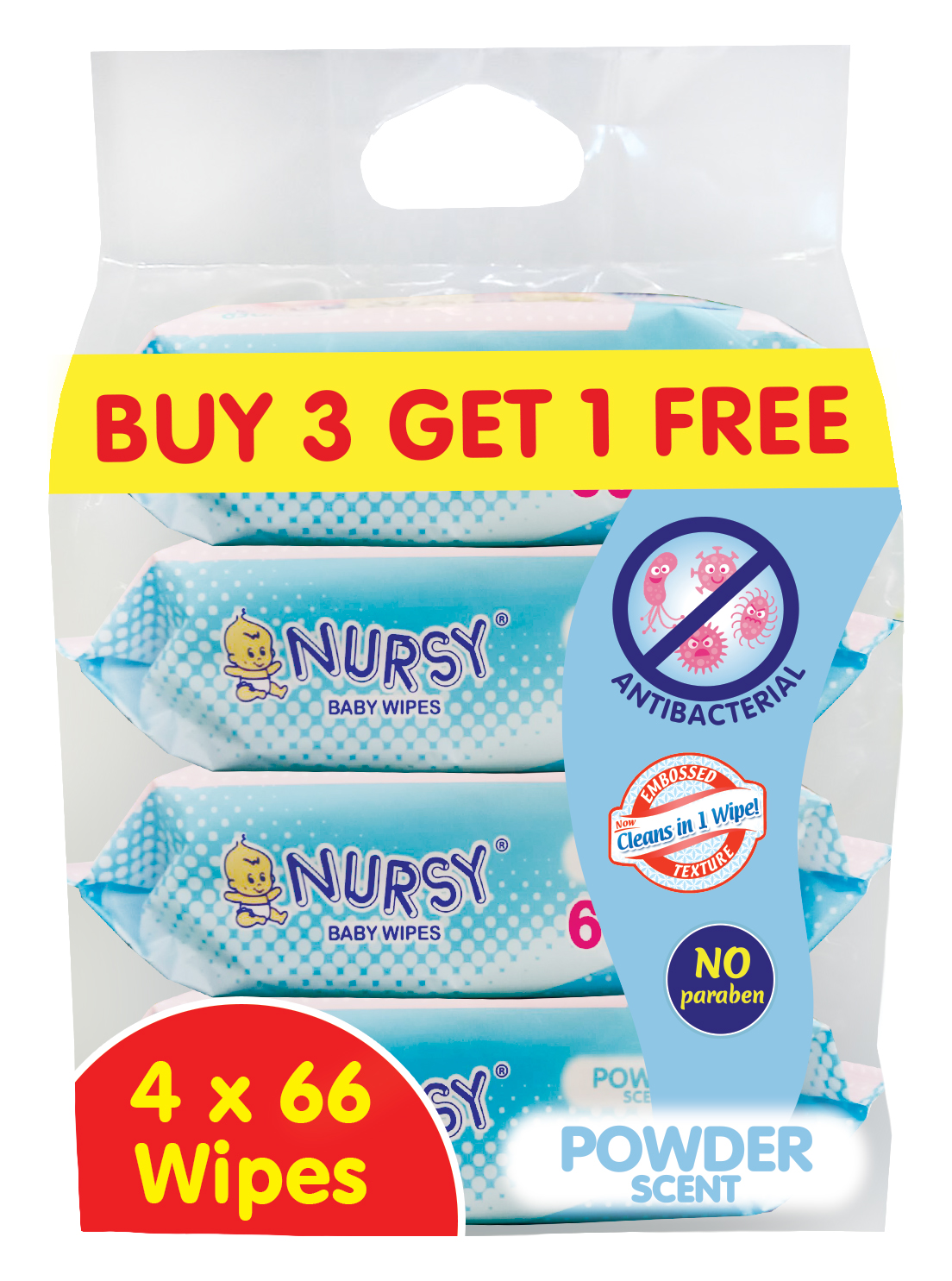 Nursy Baby Wipes Powdered Scent 66s x 3 w/free NBW66