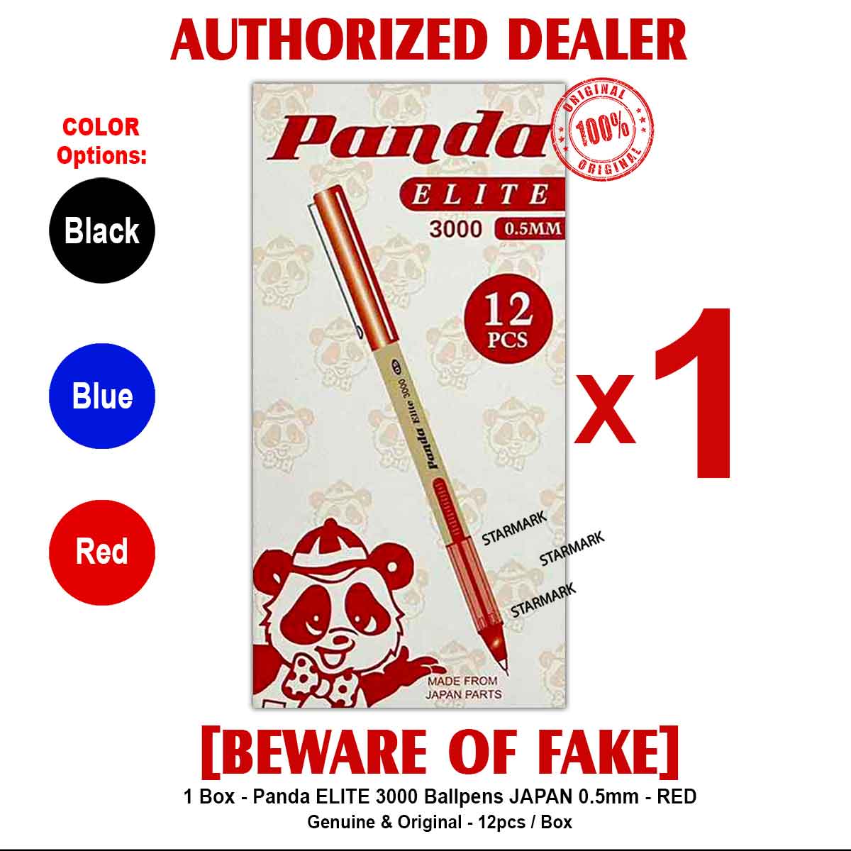 Panda ELITE 3000 Ballpen Ballpens Japan BLACK BLUE RED Ball pen Ball pens 0.5mm 12pcs per box Authentic Starmark Enterprises - 1 Box
