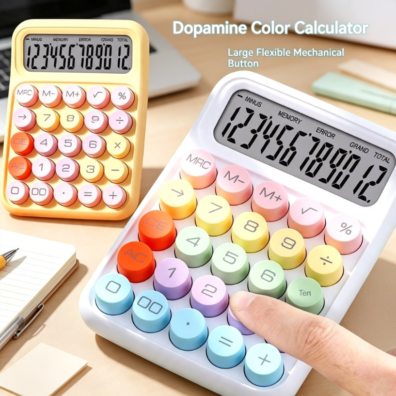 Pastel-colored Calculator with Large Round Mechanical Buttons and 12 Digital Display