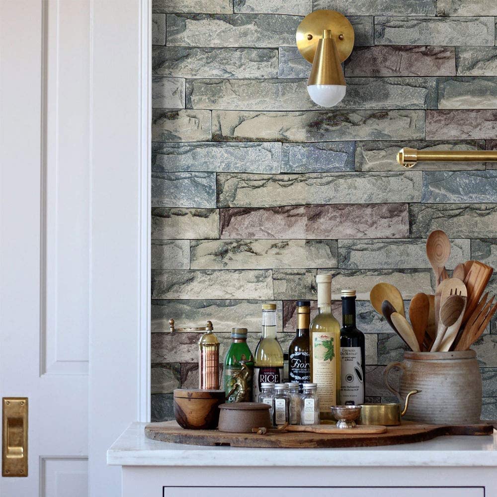 Stone Wallpaper Peel & Stick Wallpaper Stacked Cyan Slate Brick Stone