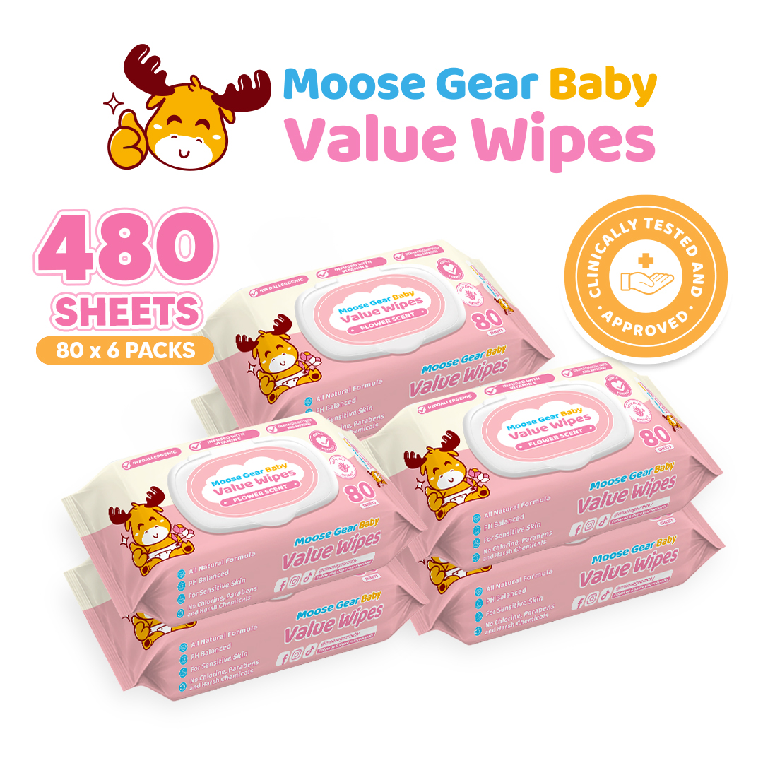 Moose Gear Baby Value Wipes Flower Scent 480s (6PACKS) Hypoallergenic w/ Vitamin E & Aloe Extract