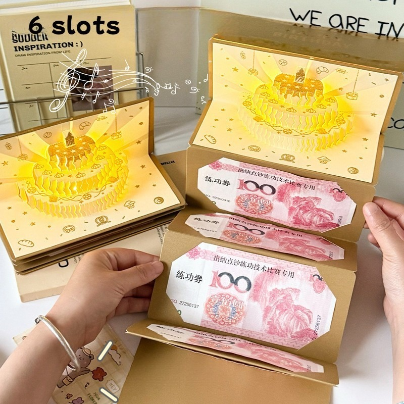 6 slots 3D Birthday Cake Red Envelope Music Light Greeting Card Cash Holder Childrens Lucky Money Envelope Happy Birthday Gift