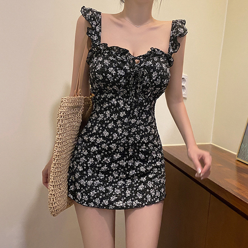 French floral dress High-waisted slimming and sexy dress for women