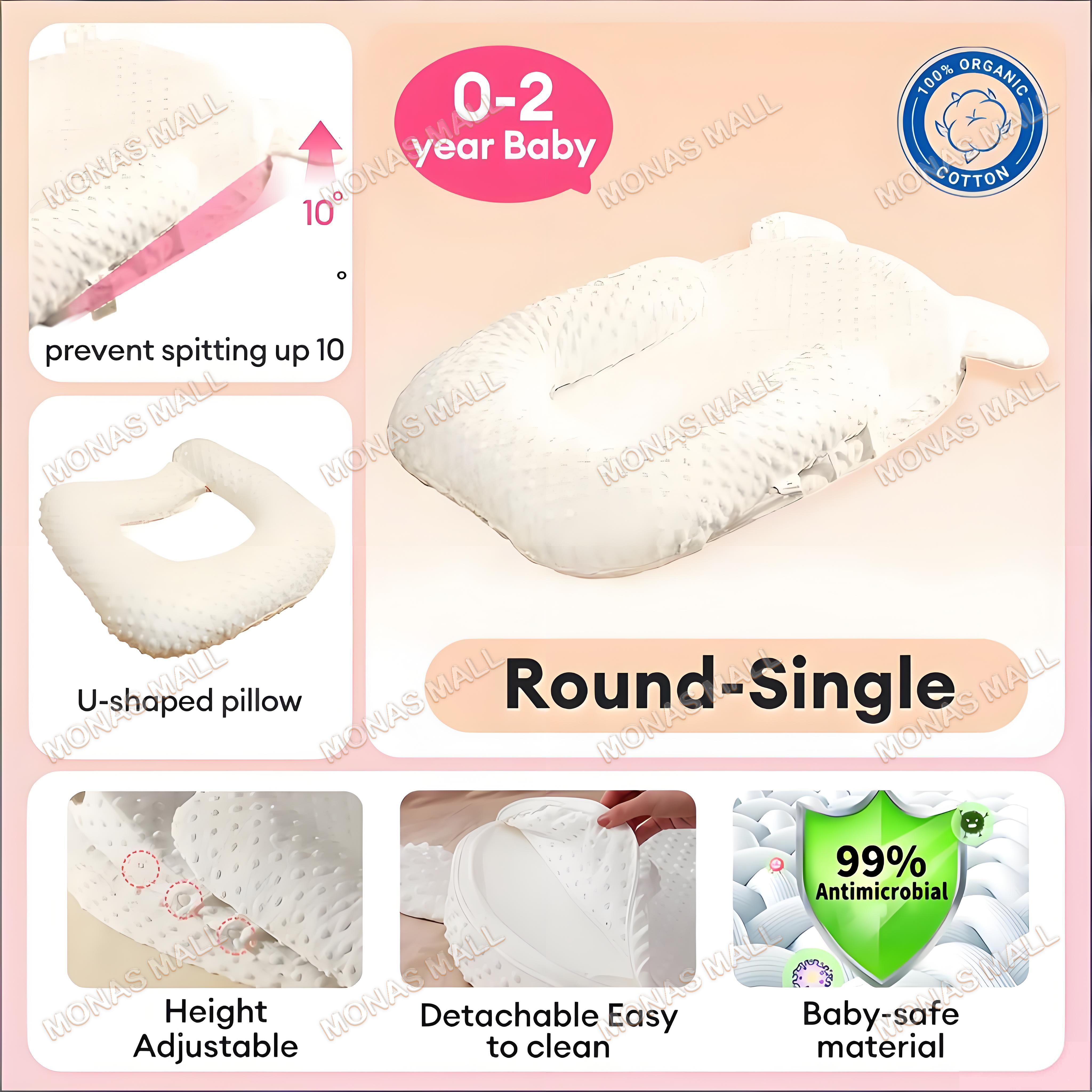 Baby Pillow Anti-Spill Milk Pillow Adjustable Angle Portable Double Layer for 0 - 1Year Old Newborns Soft and Breathable