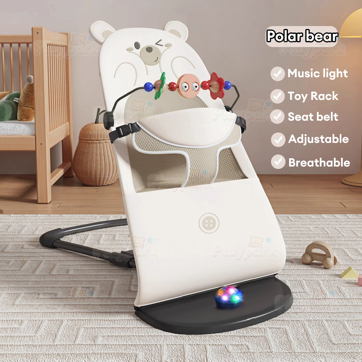 Baby Rocking Chair Foldable Bouncing Chair Soft Mesh Fabric Toy Rack Safety Balanced Design for Newborn & Toddler