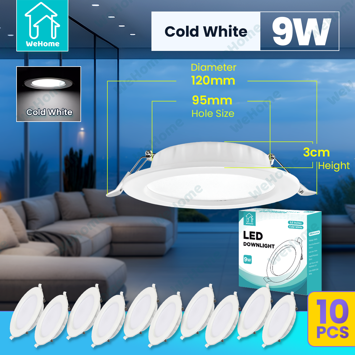 WeHome 10 Pack Ultra Thin LED Ceiling Light Pin Light Panel Lights 6500K Daylight 5W/ 9W/ 12W/ 18W LED Recessed Downlight for Living Room Bedroom Dining Room