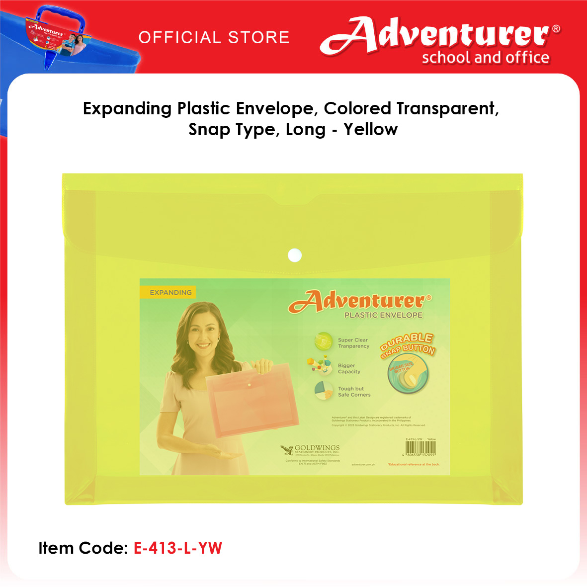 Adventurer Expanding Plastic Envelope Colored Transparent Snap Type Long