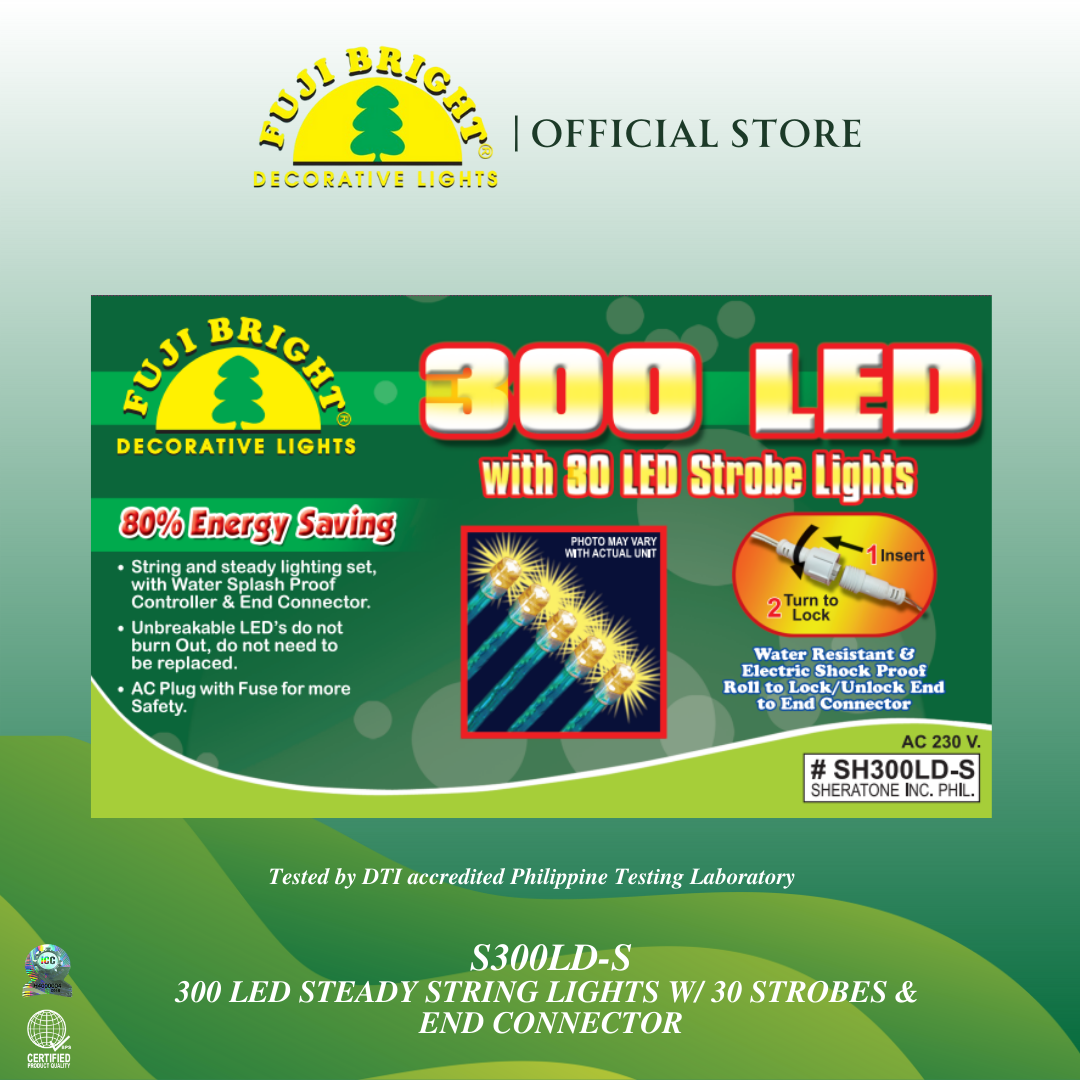 FUJI BRIGHT 300 LED STEADY STRING LIGHTS W/ 30 STROBES & END CONNECTOR CHRISTMAS LIGHTS