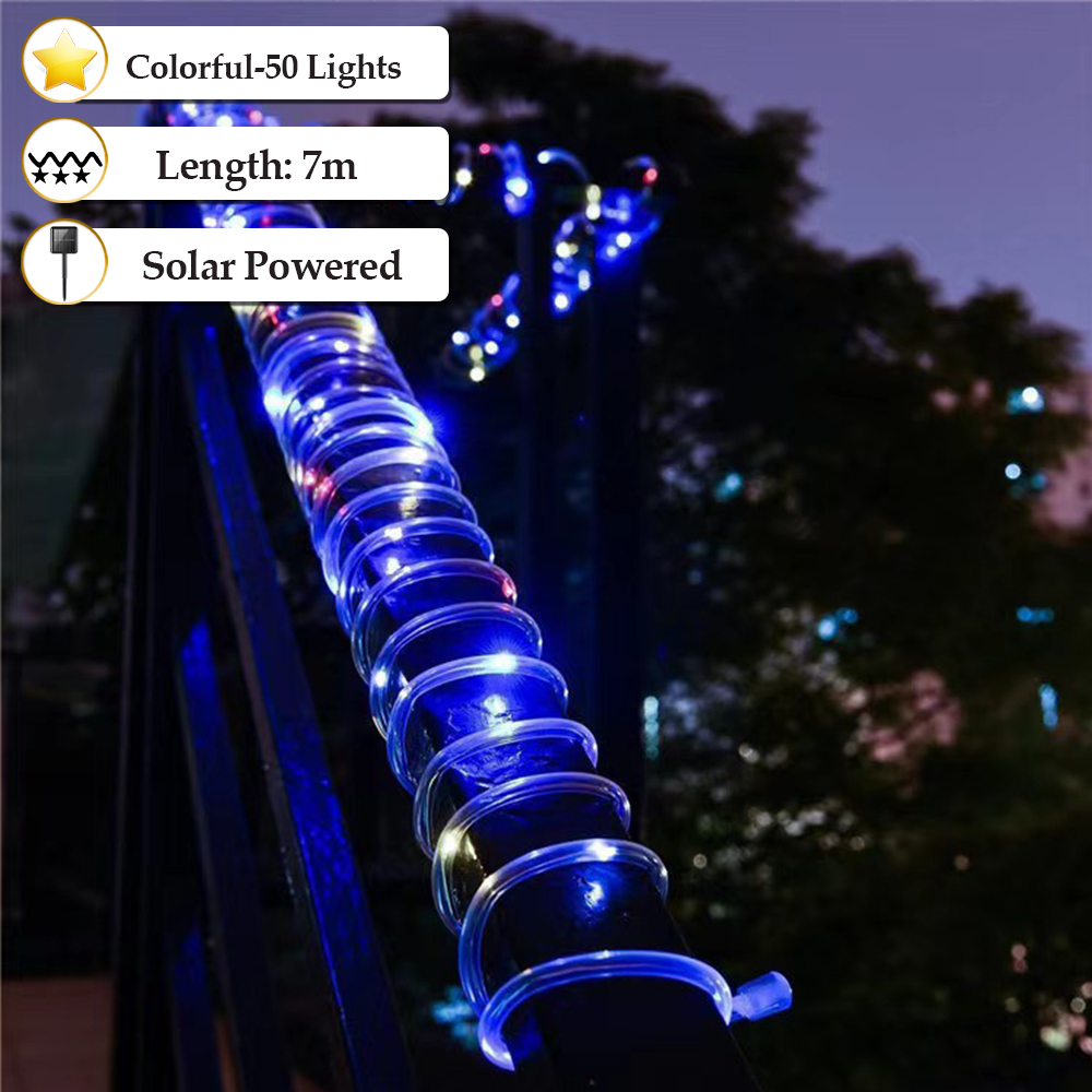 Solar Chirstmas Rope Lights Outdoor Waterproof LED String Lights Outdoor Clear PVC Tube White Fairy Lights for Party Deck Pool Yard Tree Fence Garden Porch RV Balcony Camping