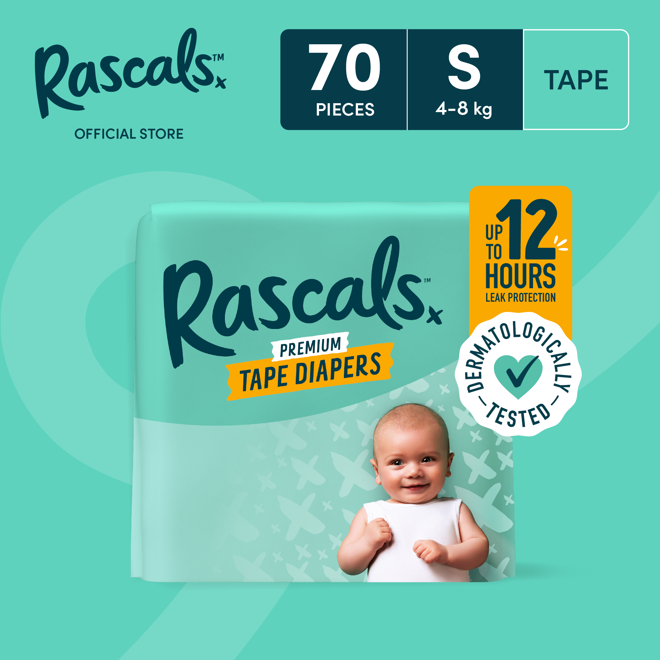 RASCALS Tape Jumbo Pack Small (4-8 kg) - 70 pcs x 1 (70 pcs) - Tape Diapers