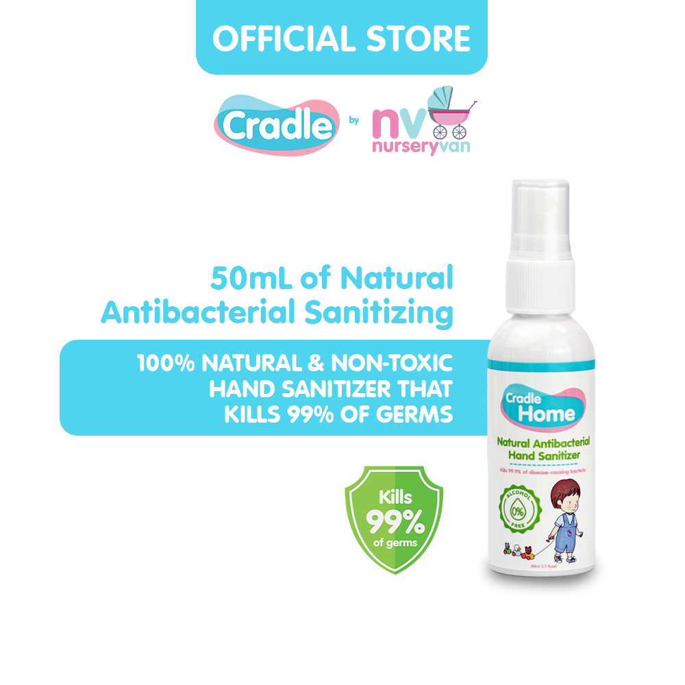 Cradle Home Natural Antibacterial Hand Sanitizer 50mL - Alcohol-Free Non-Drying formula light peppermint scent. Kills 99.9% of Germs. Safe for 0 months and up. Perfect for sensitive skin.