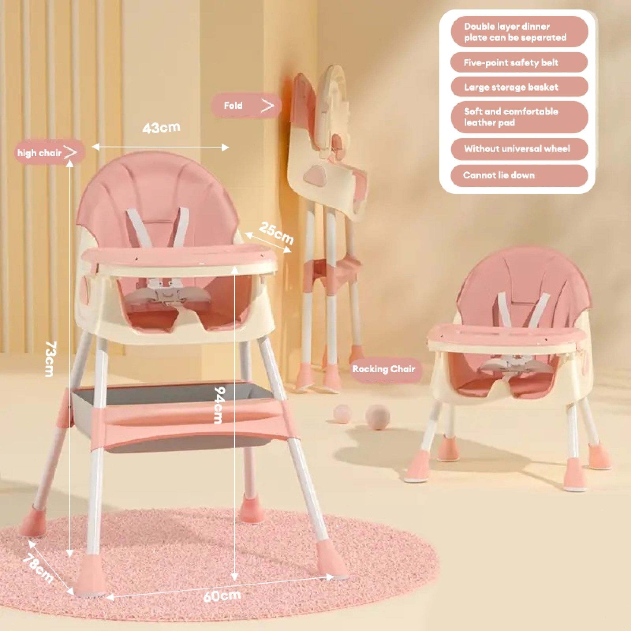 Baby high chair Foldable Adjustable Tray&Backrest Universal Wheel Rocking Multifunctional Rocking chair