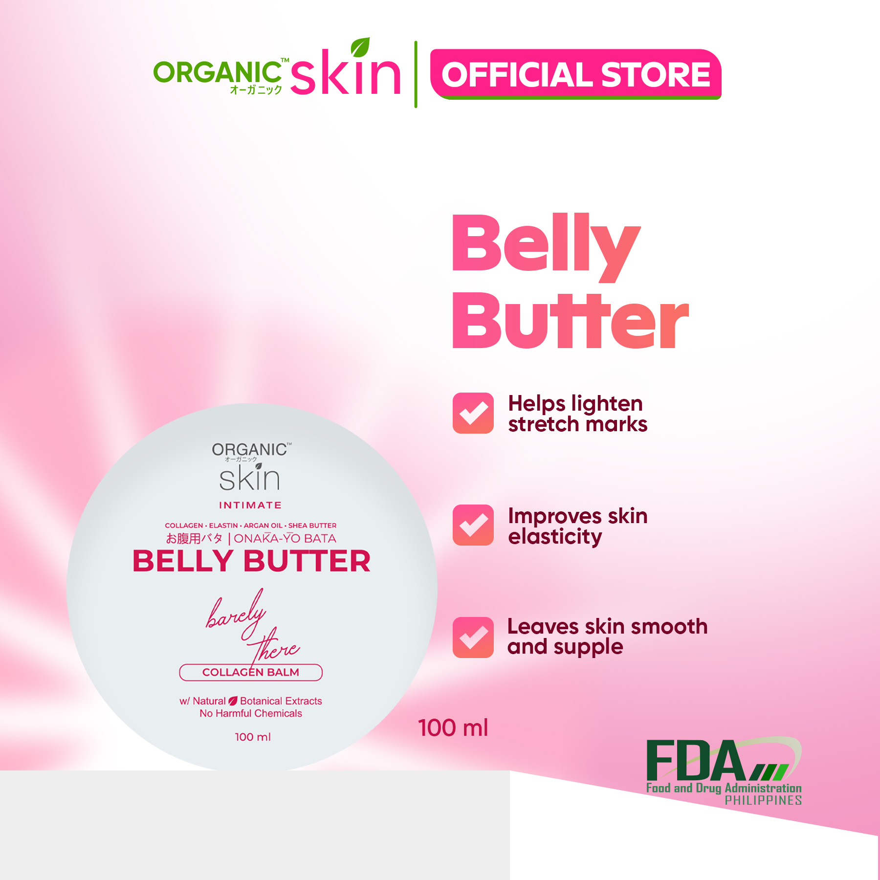 Organic Skin Japan Intimate Belly Butter for Stretch Marks Balm 100ml with Vitamin E & Collagen