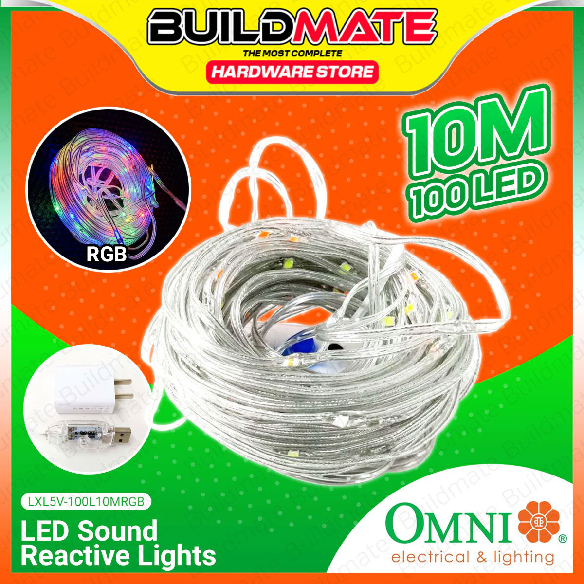 BUILDMATE Omni LED Sound Reactive Christmas Lights DC 5V RGB Audio Responsive Sound Activated Lighting LXL5V-100L10MRGB