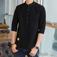 OTAKU Polo For Men Cotton Linen Chinese Collar 4/3 Sleeve Men Shirt Stand Collar Casual Polo Shirt