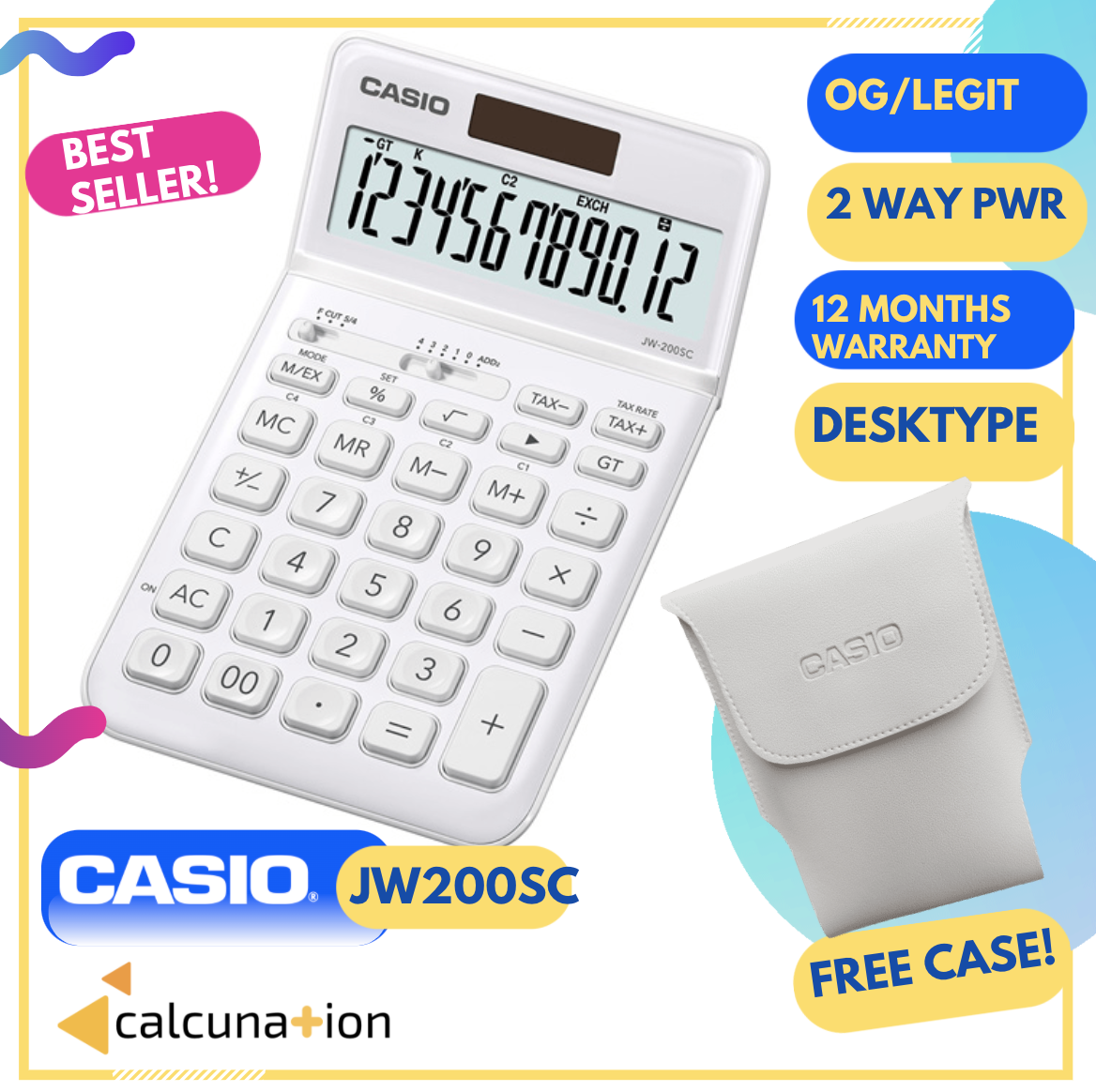 CALCULATOR CASIO JW200SC WHITE w/ Optional Pouch