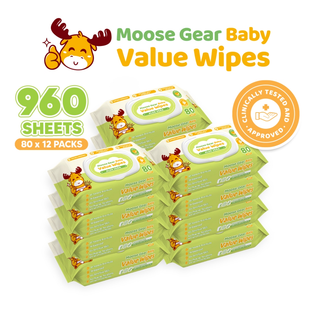 Moose Gear Baby Value Wipes Aloe Vera Scent 960s (12PACKS) Hypoallergenic w/ Vitamin E & Aloe Extract
