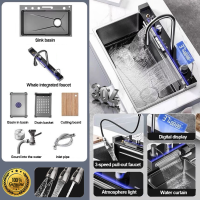 304 stainless kitchen sink steel waterfall kitchen sink lababo stainless complete set single slot integrated digital display faucet set soap dispenser cup washer lababo kitchen sink