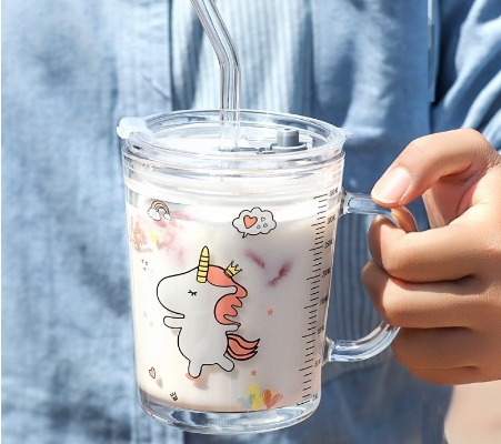 T18 Kids milk cup glass with straw Child cartoon animal series 400ML