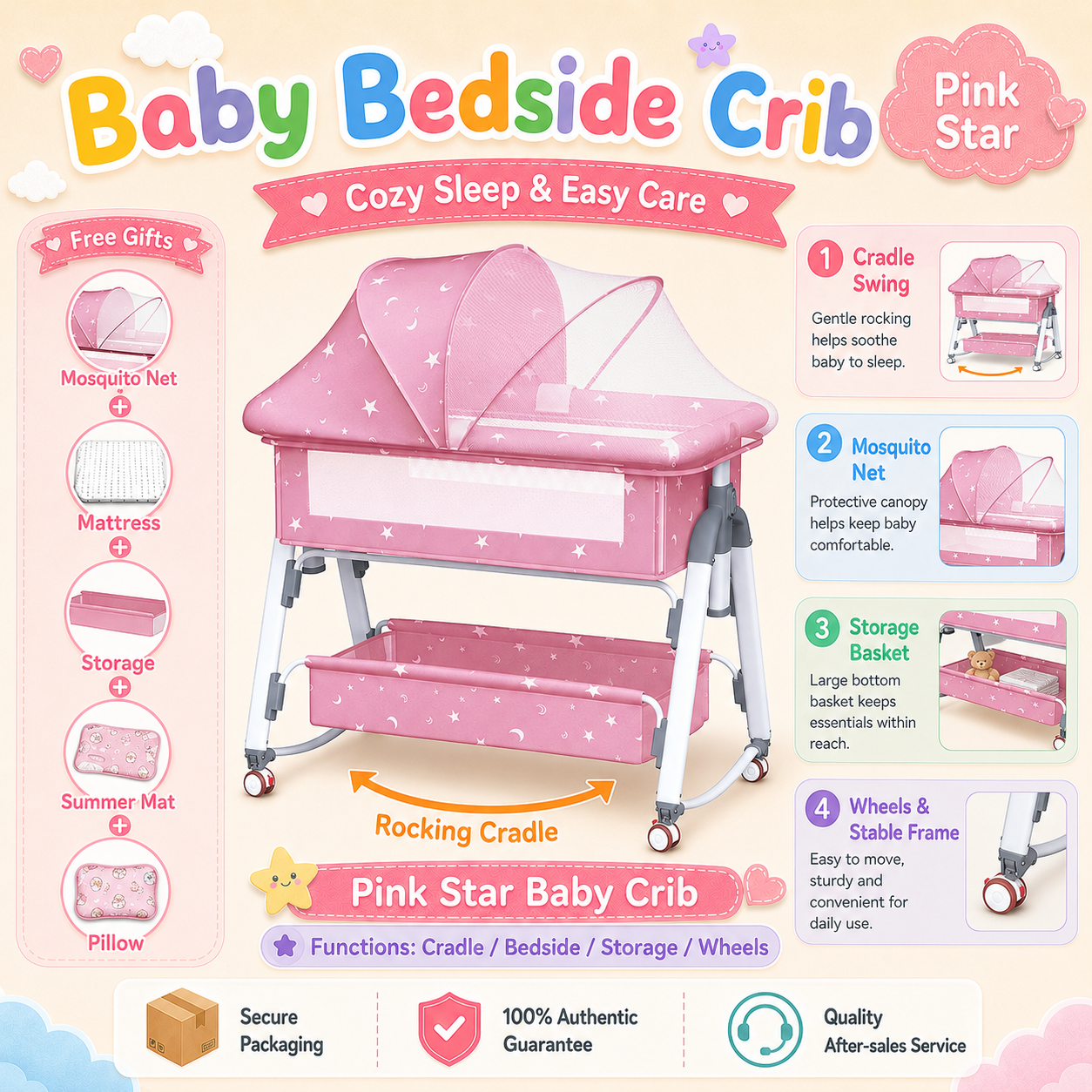 PlayPark Baby Crib for Newborn 3 in 1 Baby Rocker Bassinet Bed with Mosquito Net Mattress Storage Foldable Portable Cradle