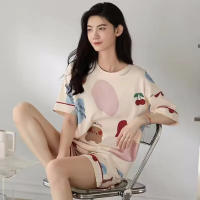 Motovita Cartoon Pajamas Set Cute Printed Casual Wear Cotton Pyjamas 2 Pieces Casual Short-Sleeved Womens Sleepwear