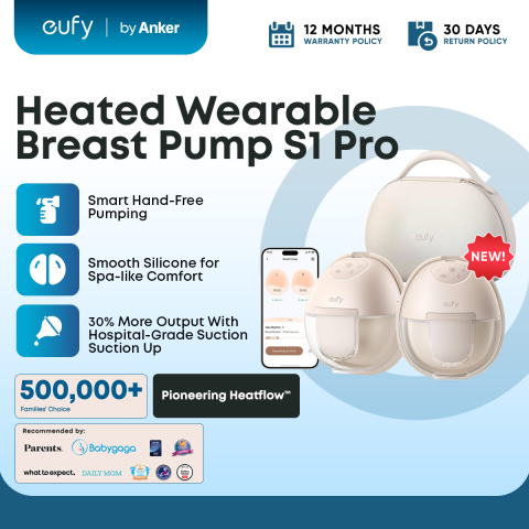[NEW ARRIVAL] eufy by Anker S1 PRO Heated Wearable Breast Pump (Pain-Relief HeatFlow) | Hands-Free Slim In-Bra Hospital-Grade Suction | Wireless Charging Case App-Controlled