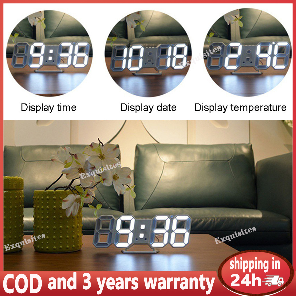 3D Alarm Digital Clock Indoor Temperature Date Modern Nightlight Clock