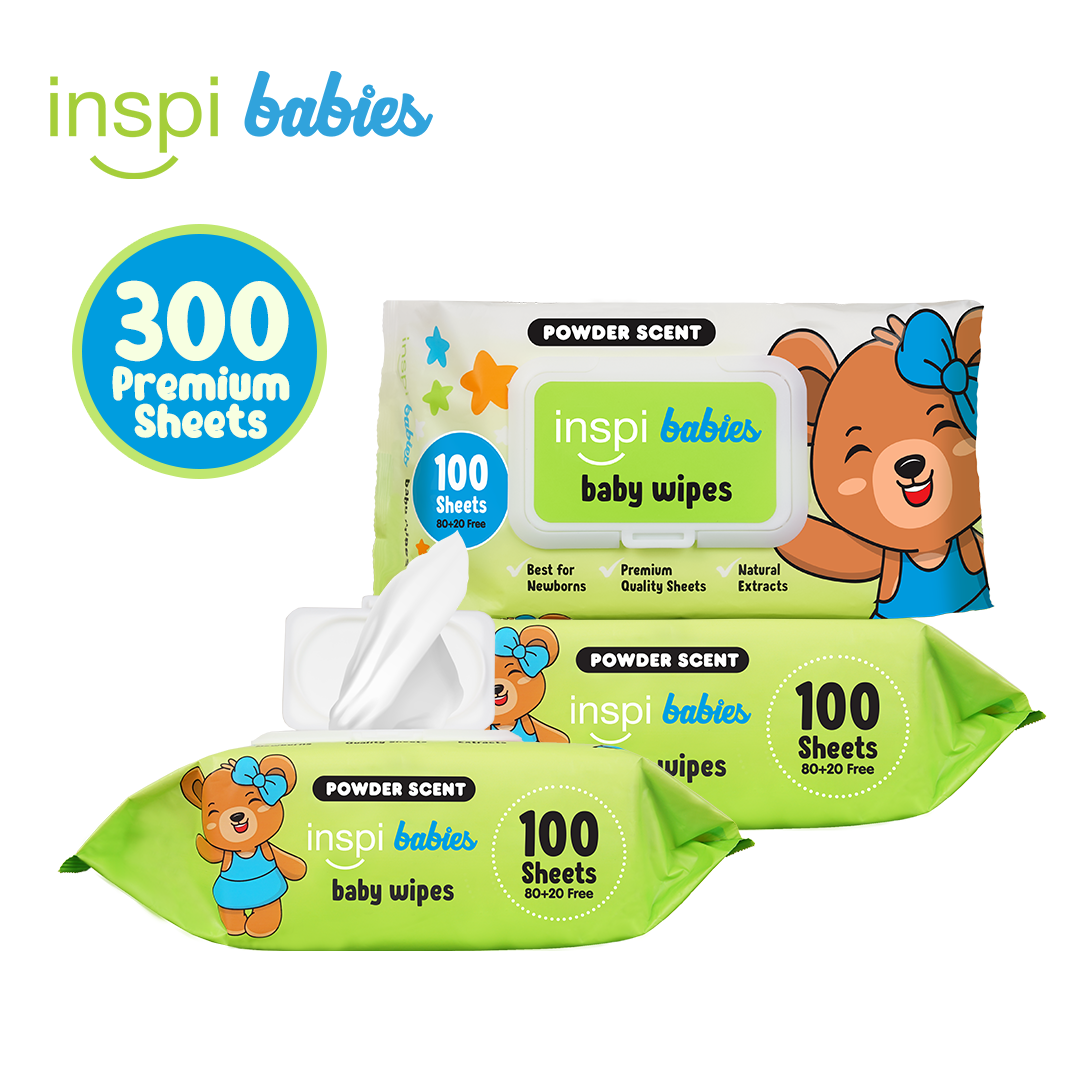 INSPI Babies Premium Baby Wipes Powder Scent 300 Tender Sheets 3 Packs Wet Wipes for Baby Newborn + Vitamin E - free shipping essentials bundle
